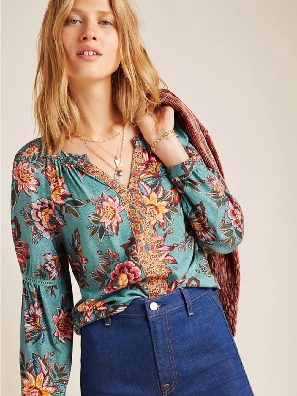 Farm Rio for Anthropologie Floral Peasant Blouse Size Large - Picture 2 of 12